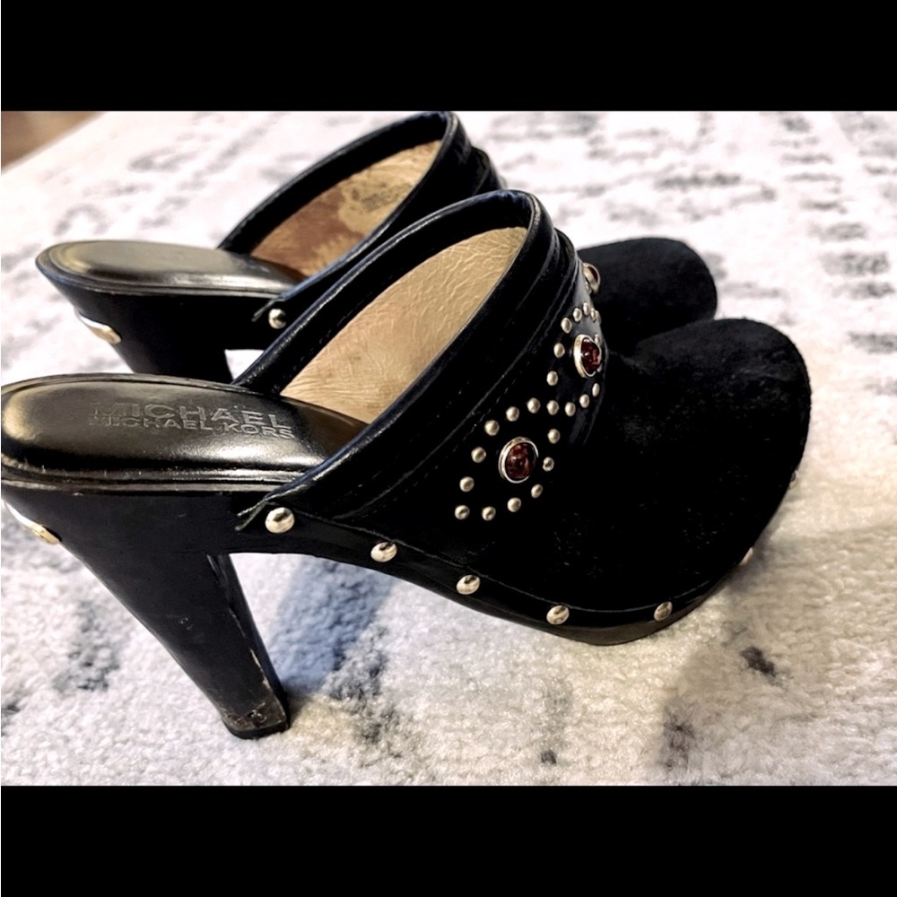 Michael Kors black suede heels mules with stones, size 7